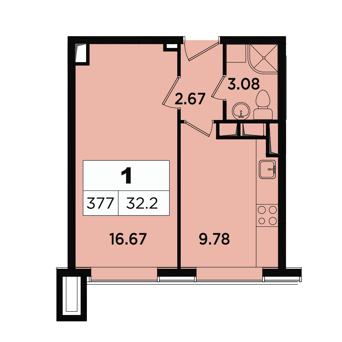 1 комн. квартира, 31.3 м², 16 этаж 