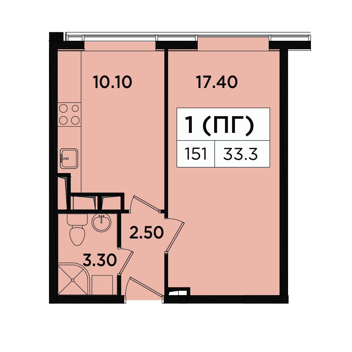 1 комн. квартира, 32.8 м², 17 этаж 