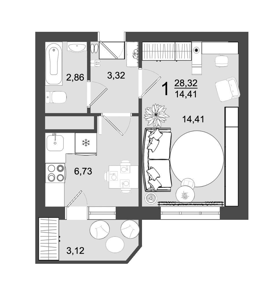 1 комн. квартира, 28.3 м², 2 этаж 