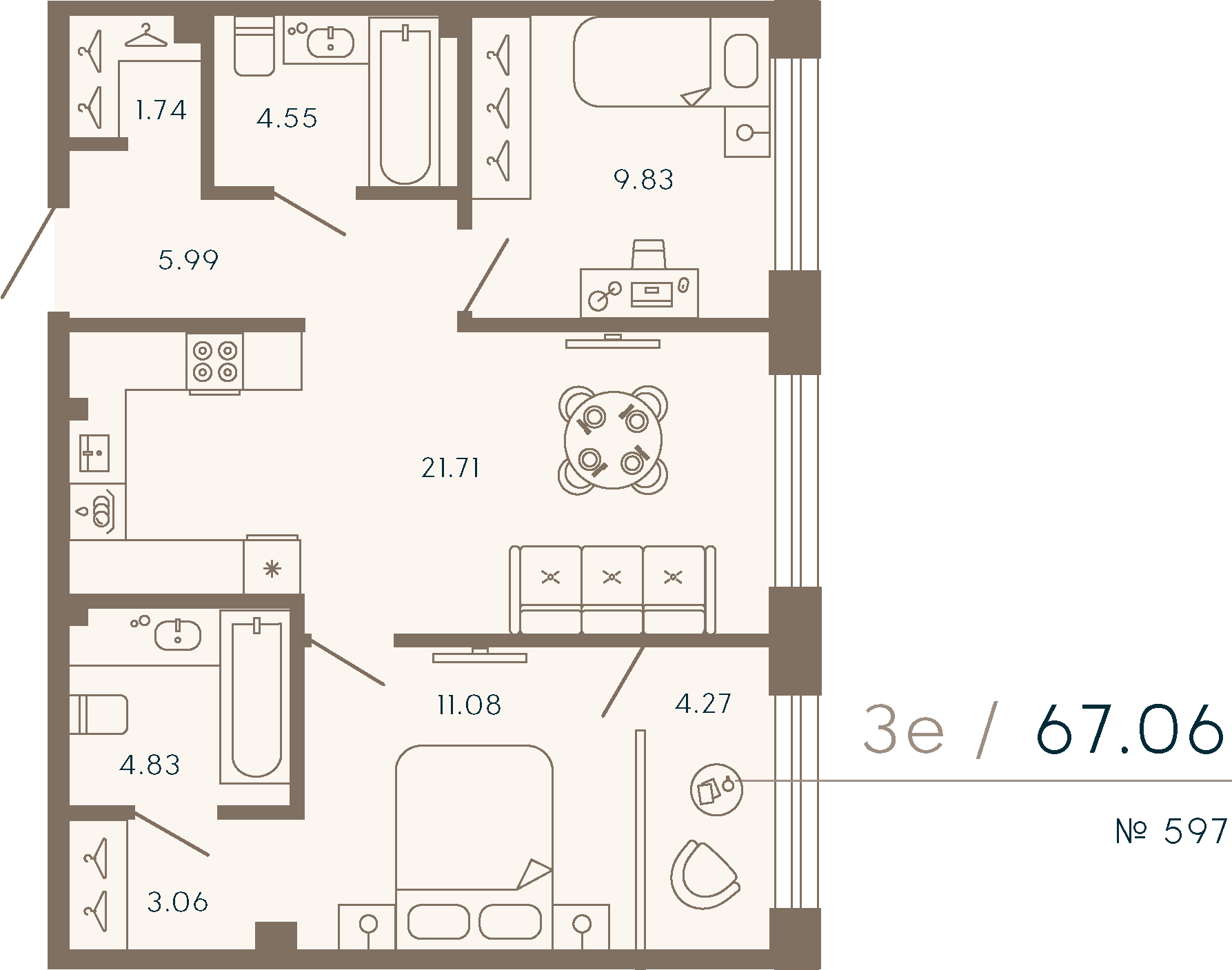 2 комн. квартира, 67.1 м², 2 этаж 