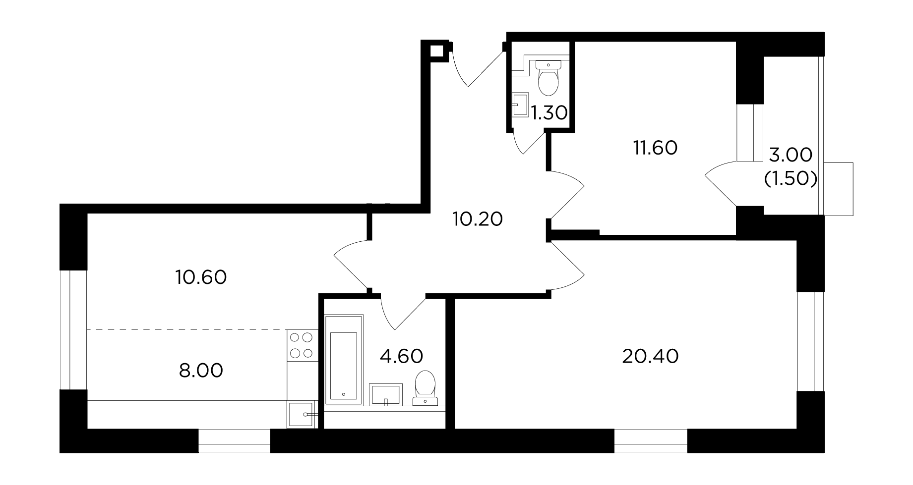 3 комн. квартира, 68.5 м², 7 этаж 