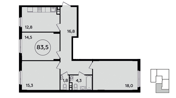 3 комн. квартира, 83.5 м², 3 этаж 