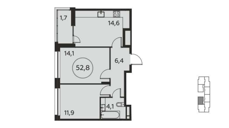 2 комн. квартира, 52.7 м², 14 этаж 
