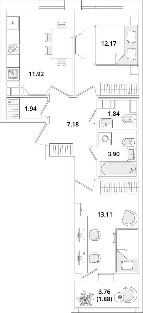 2 комн. квартира, 53.9 м², 11 этаж 