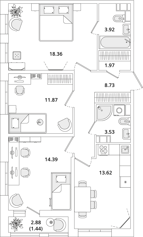 3 комн. квартира, 77.8 м², 11 этаж 
