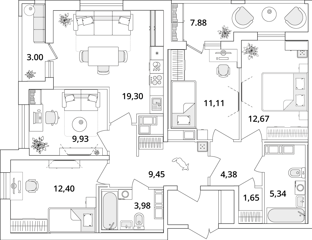 4 комн. квартира, 95.7 м², 16 этаж 