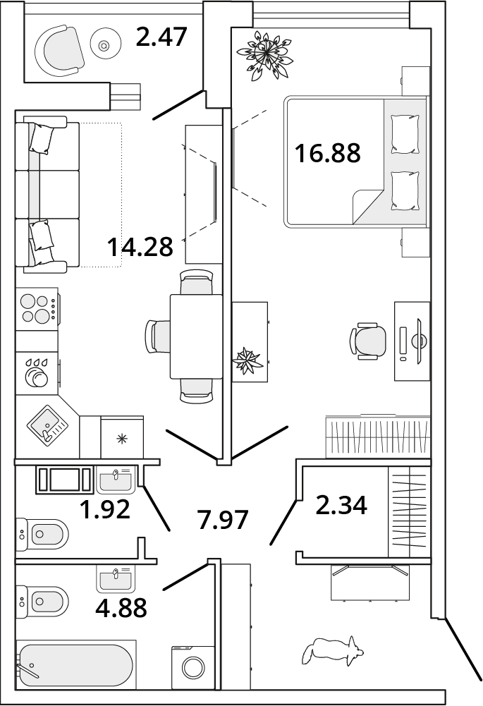 1 комн. квартира, 49.5 м², 3 этаж 