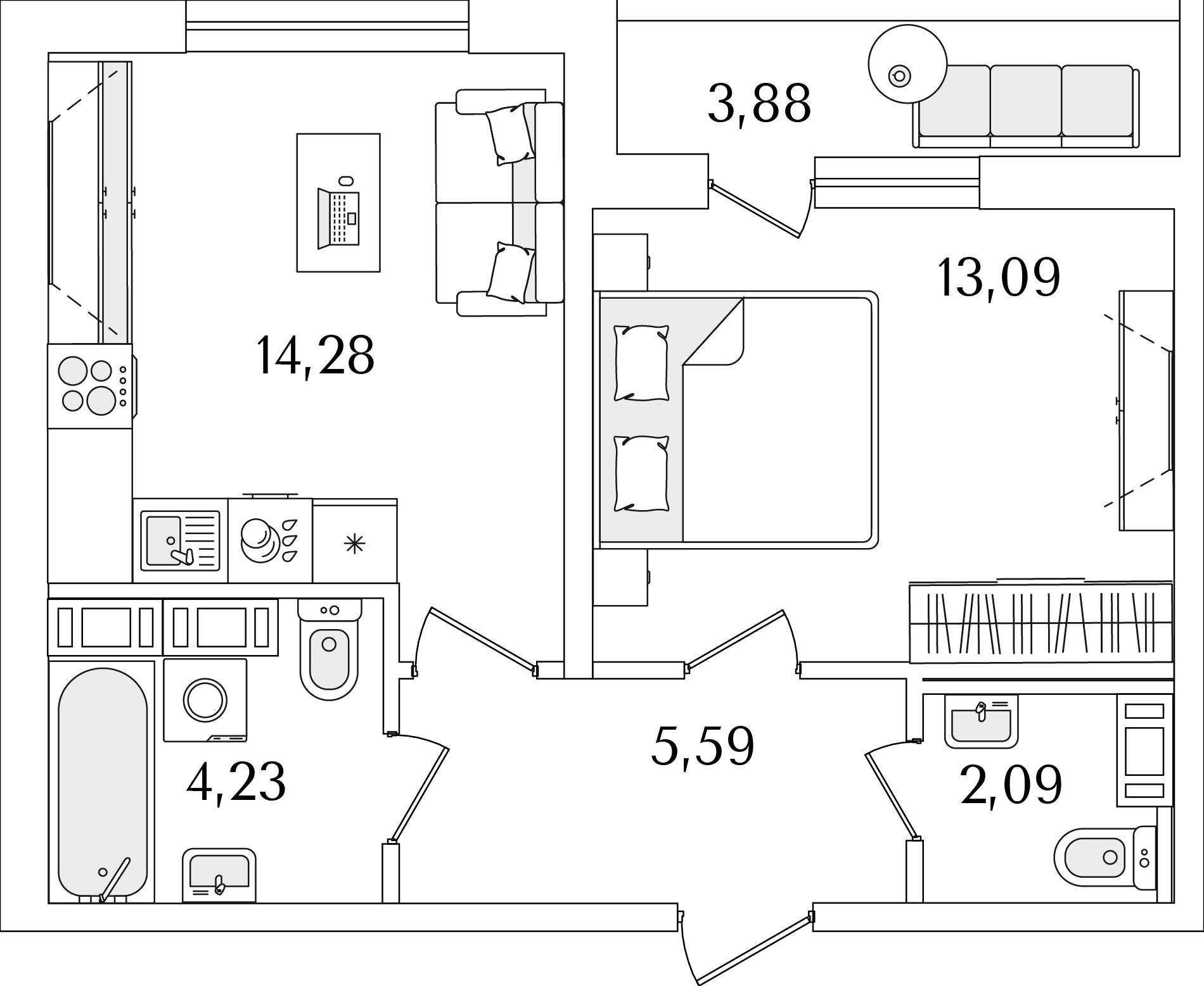 1 комн. квартира, 41.2 м², 15 этаж 