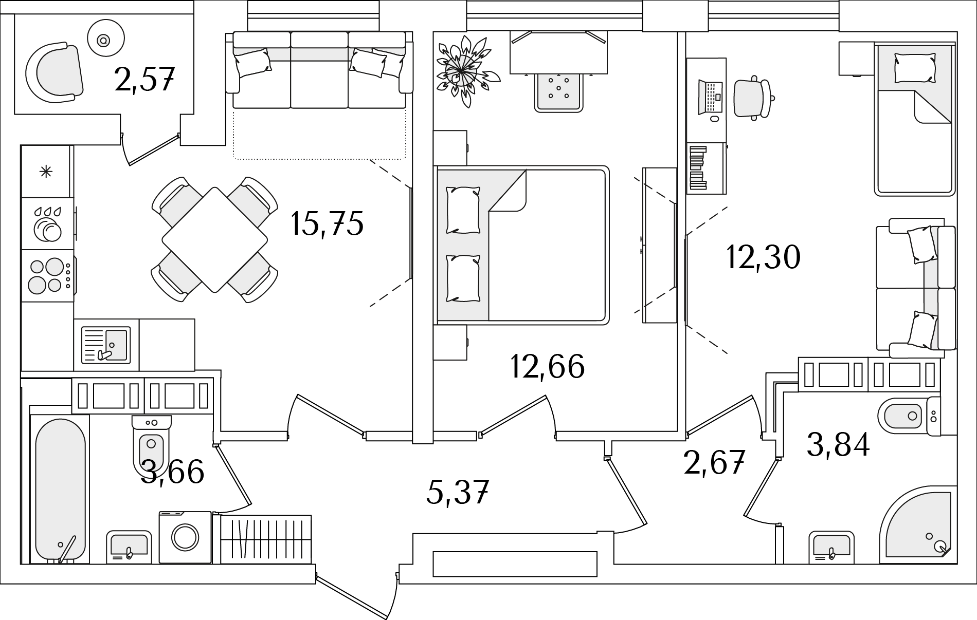 2 комн. квартира, 57.5 м², 15 этаж 