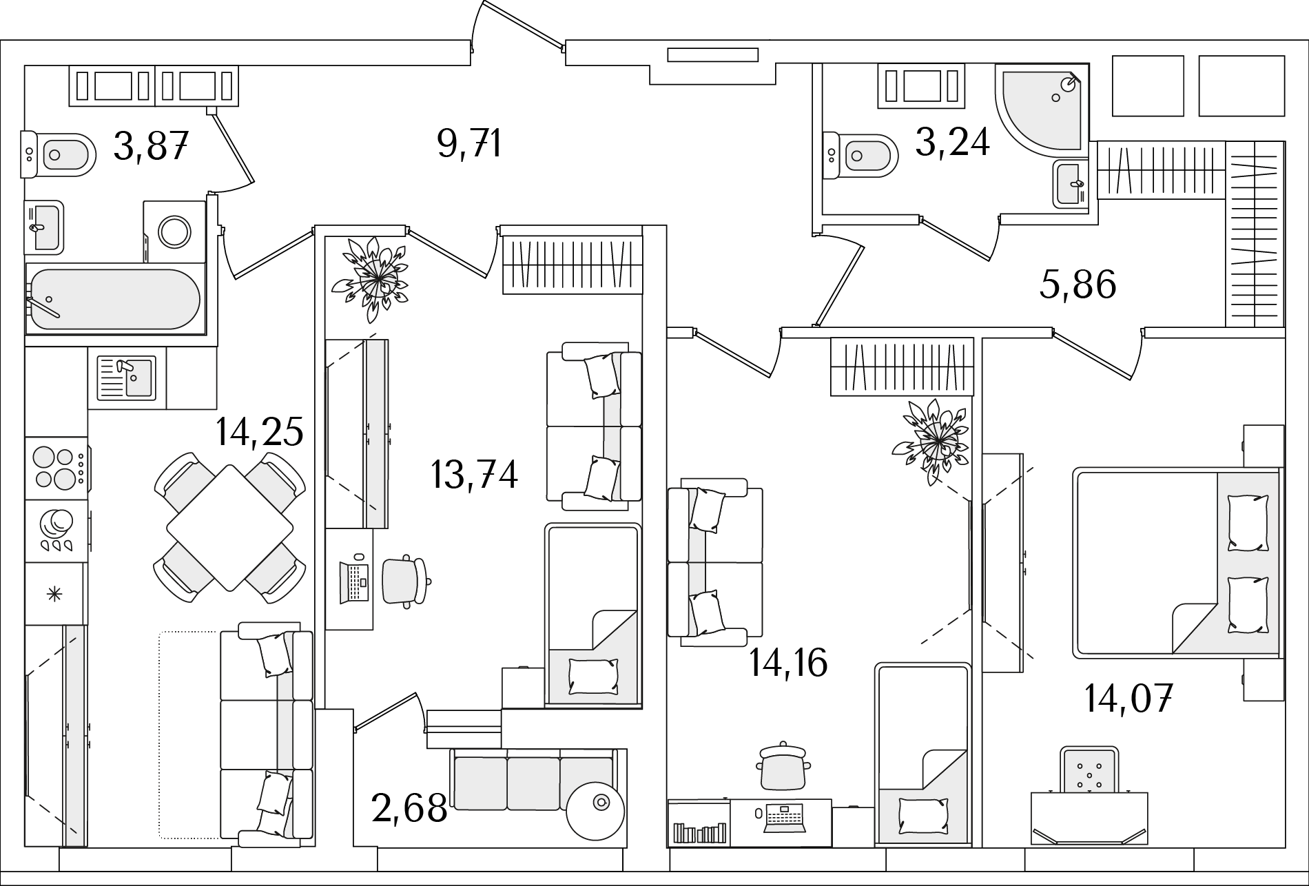 3 комн. квартира, 80.2 м², 12 этаж 