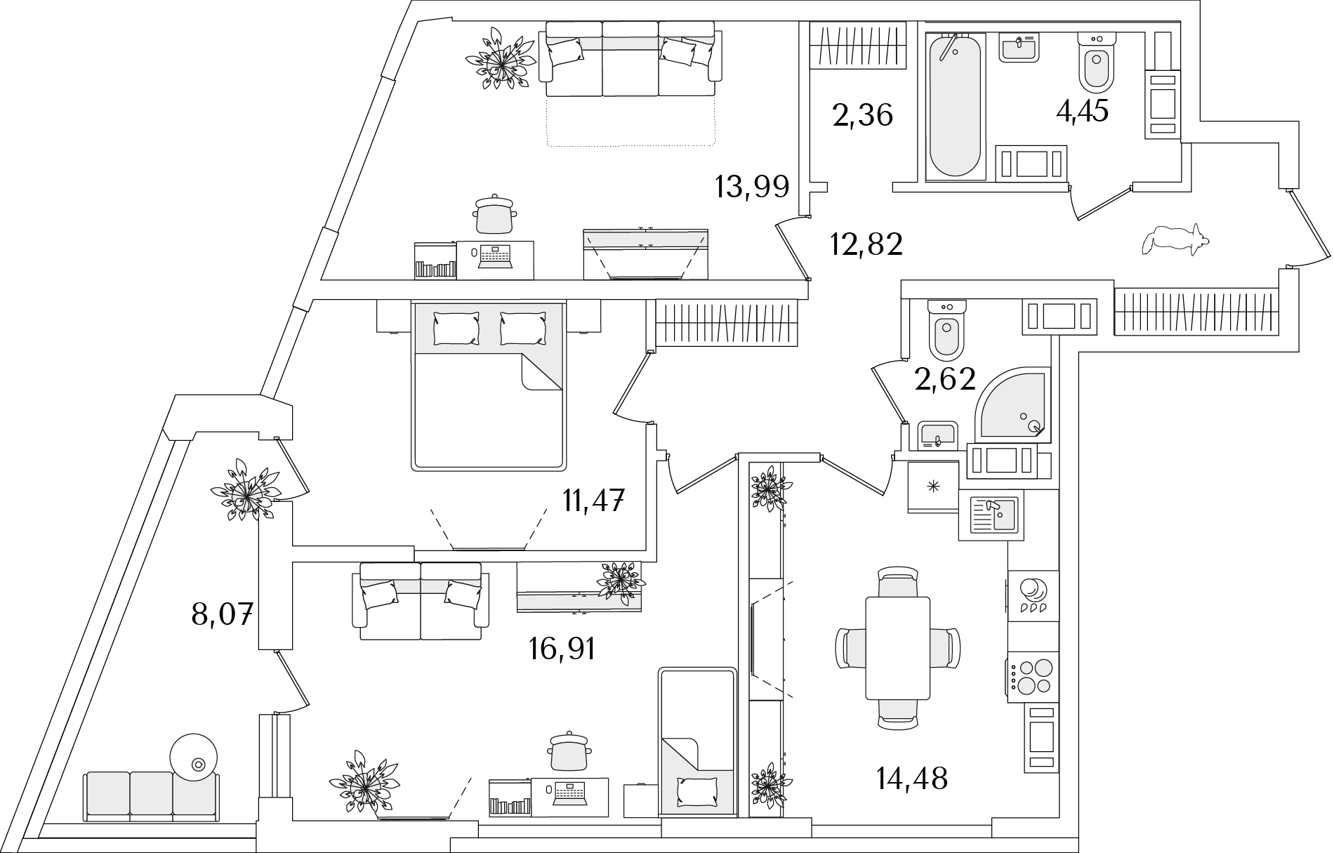 3 комн. квартира, 83.1 м², 13 этаж 