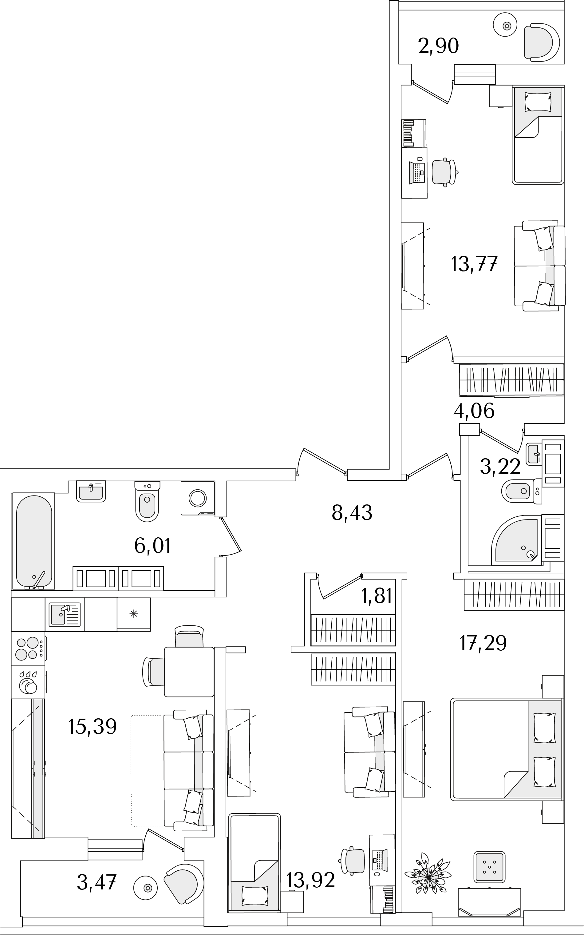 3 комн. квартира, 87.1 м², 12 этаж 