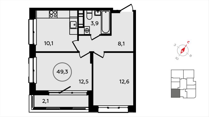2 комн. квартира, 49.3 м², 5 этаж 
