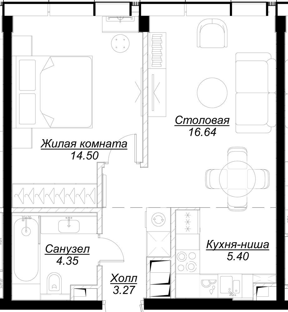 1 комн. квартира, 43.6 м², 52 этаж 