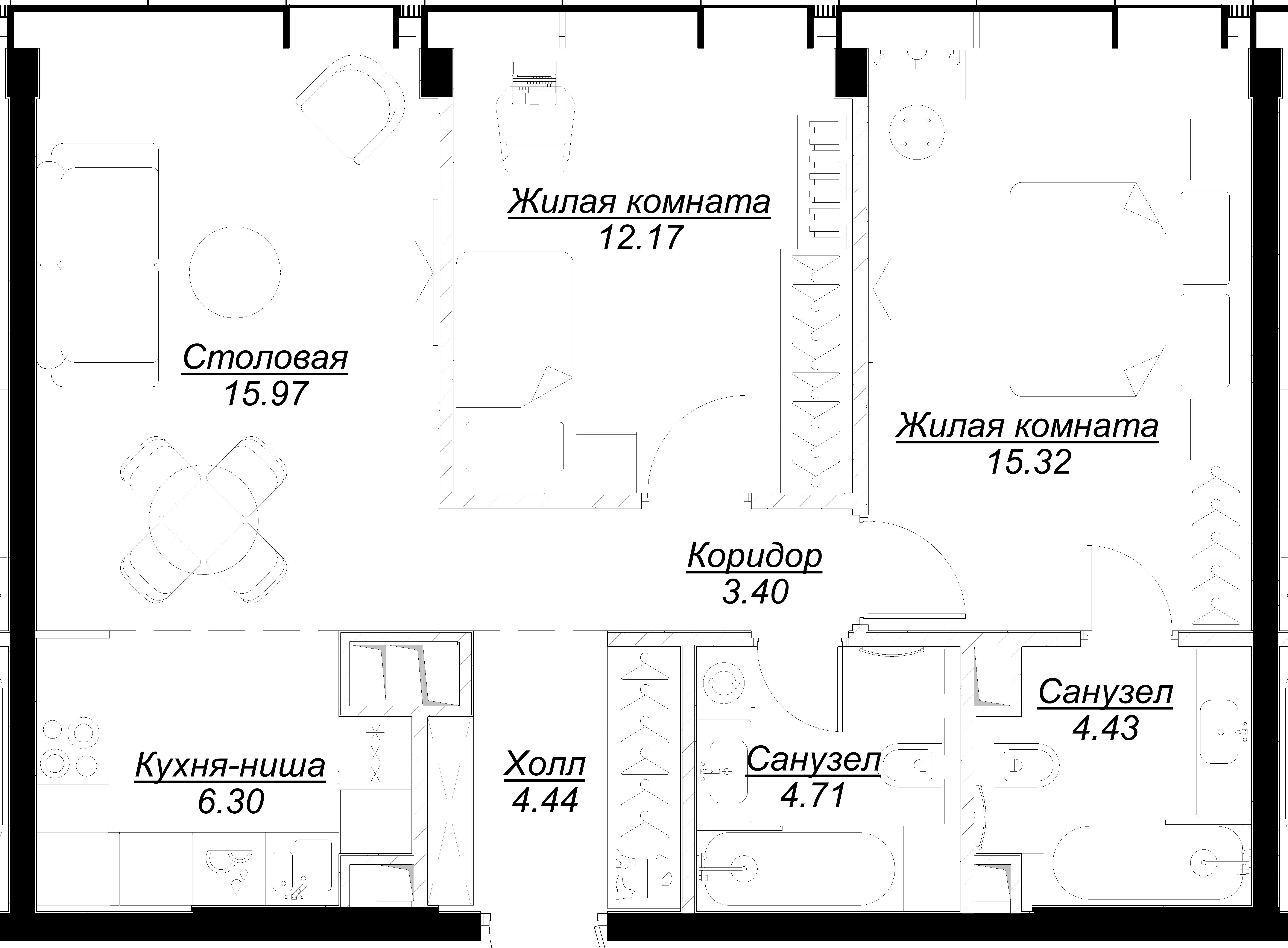 2 комн. квартира, 66.7 м², 52 этаж 