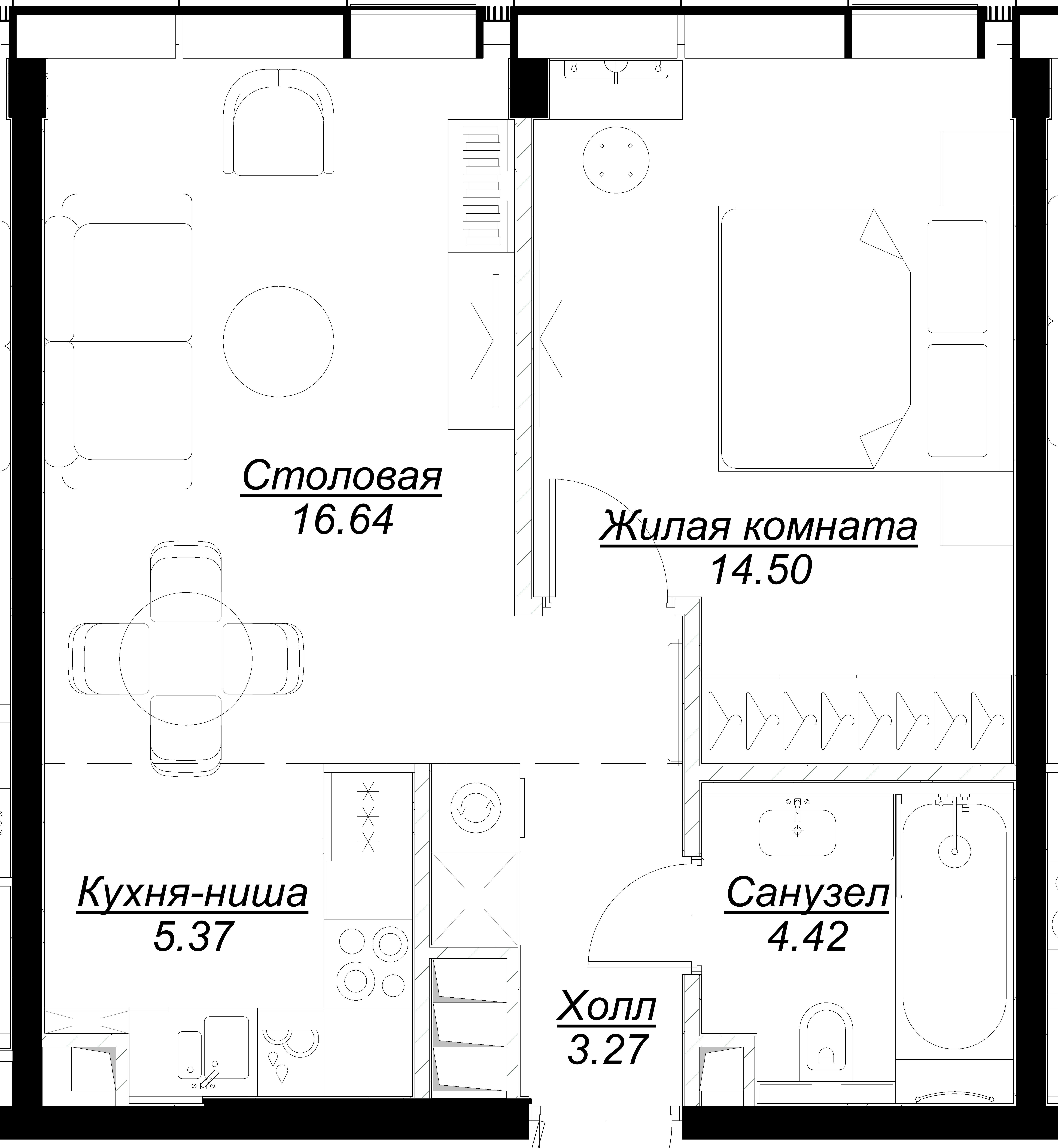 1 комн. квартира, 44.2 м², 52 этаж 