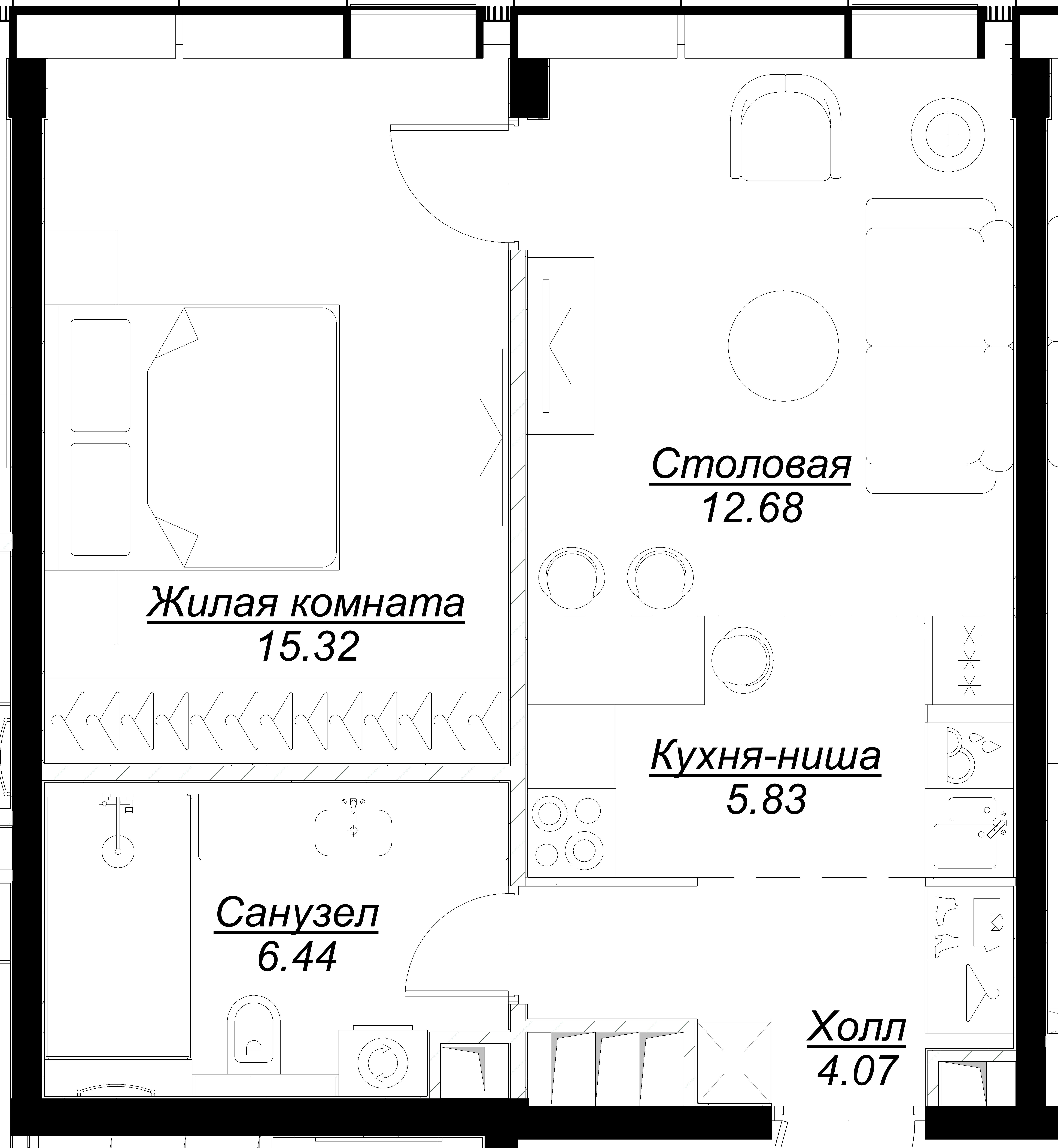 1 комн. квартира, 44.3 м², 52 этаж 