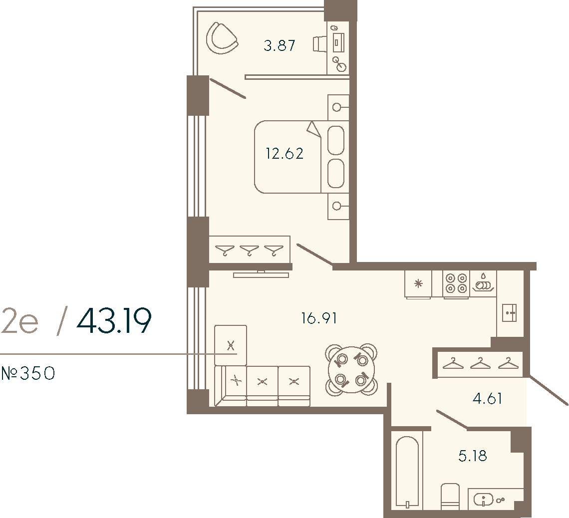 1 комн. квартира, 43.2 м², 4 этаж 