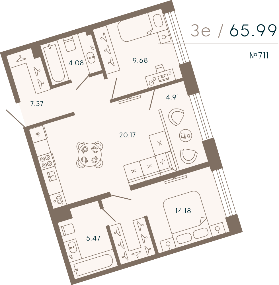 2 комн. квартира, 66 м², 3 этаж 