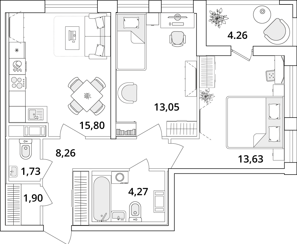 2 комн. квартира, 60.8 м², 3 этаж 