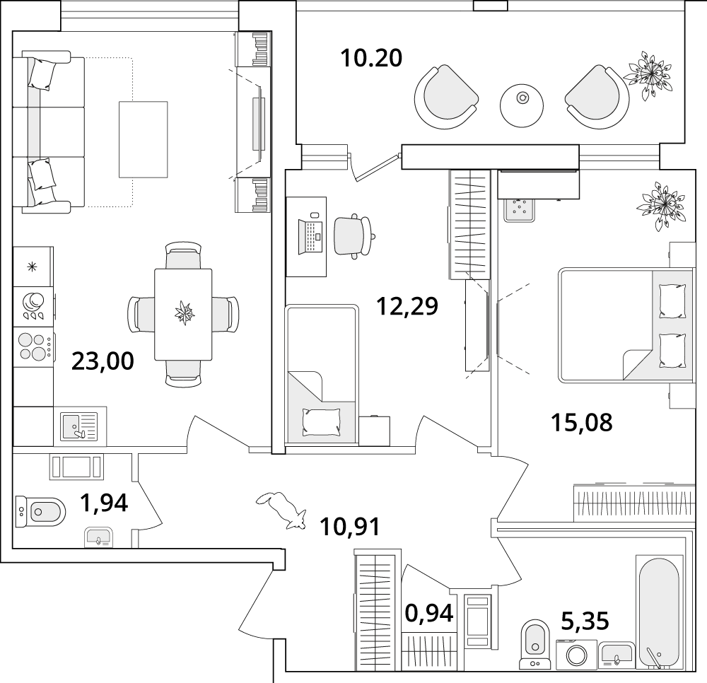 2 комн. квартира, 74.6 м², 12 этаж 