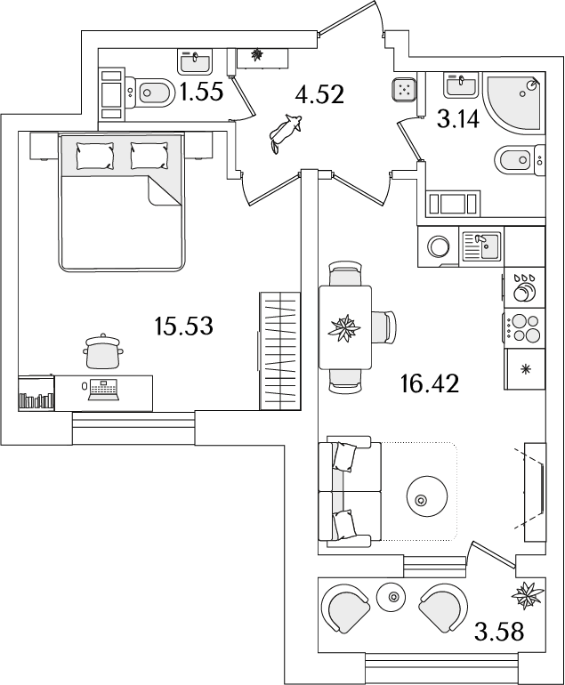 1 комн. квартира, 43 м², 12 этаж 
