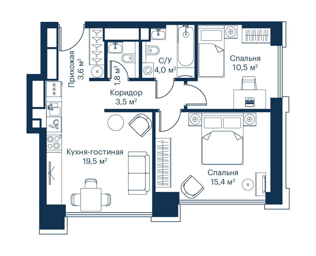 2 комн. квартира, 58.4 м², 41 этаж 