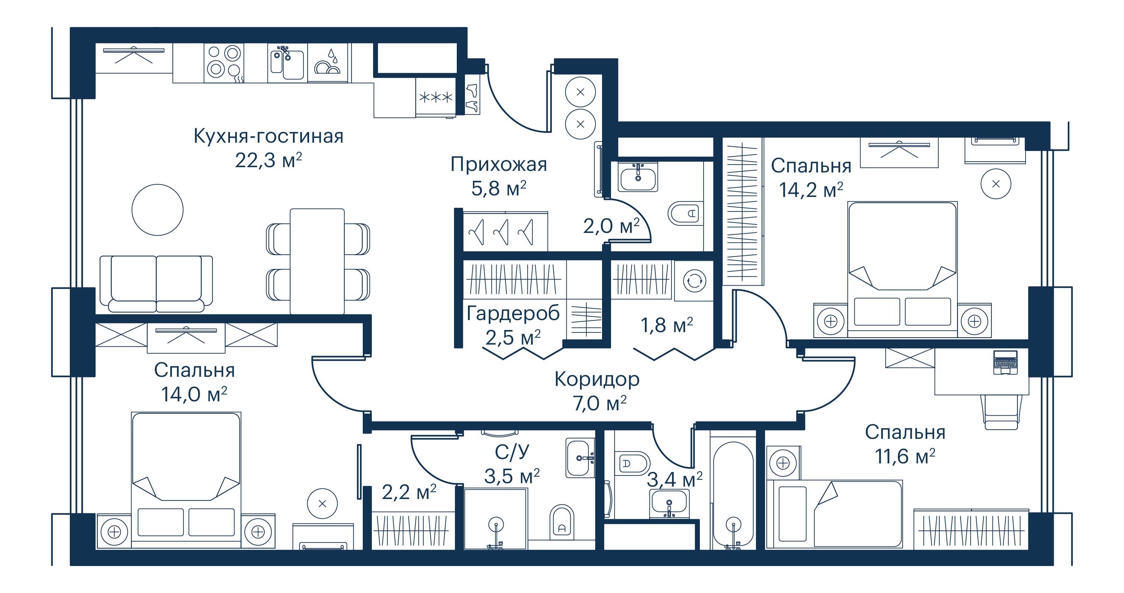 3 комн. квартира, 90.8 м², 8 этаж 