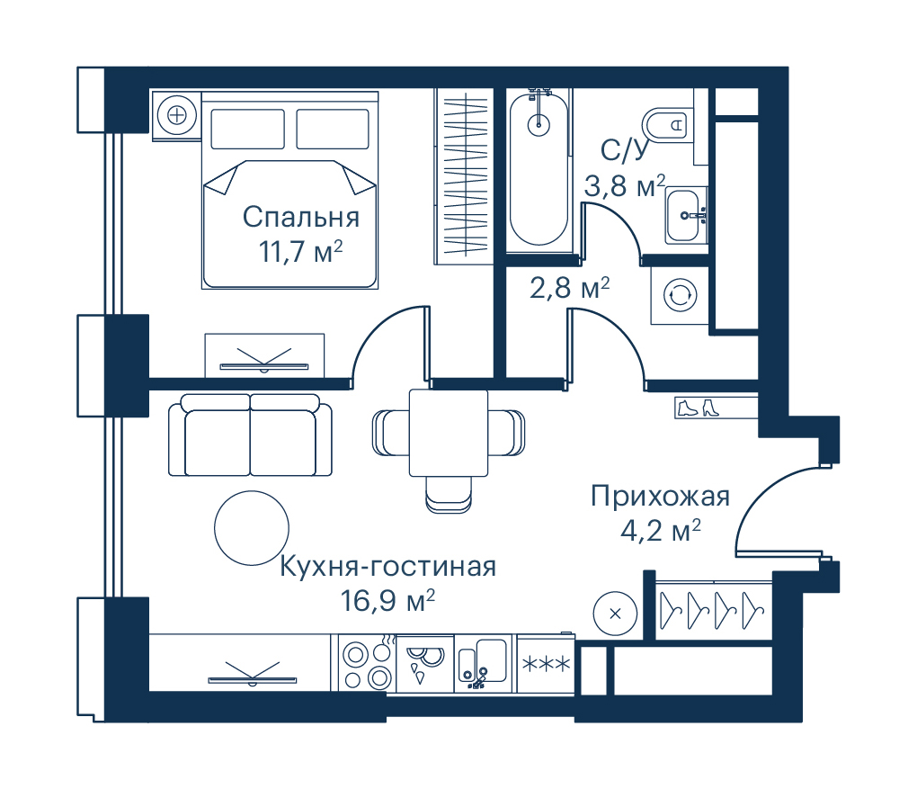 1 комн. квартира, 39.4 м², 51 этаж 
