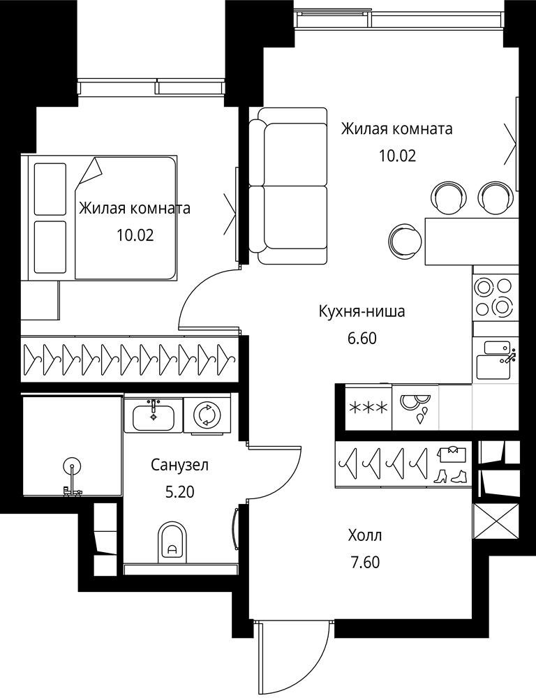 2 комн. квартира, 39.4 м², 17 этаж 