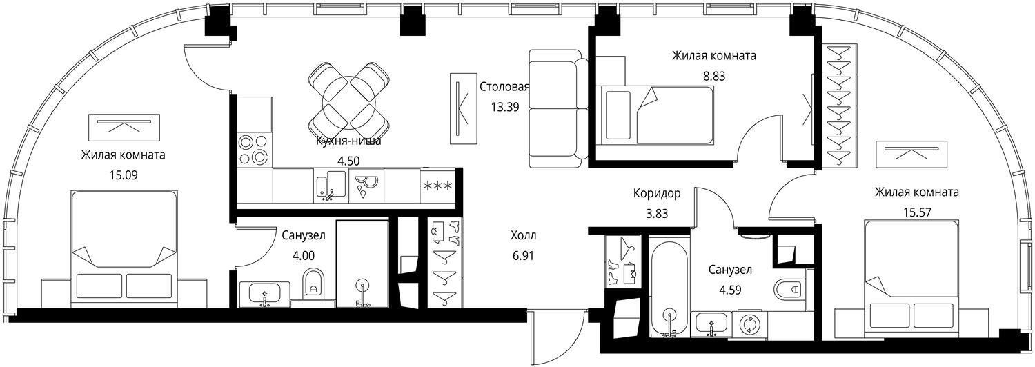 3 комн. квартира, 76.7 м², 43 этаж 
