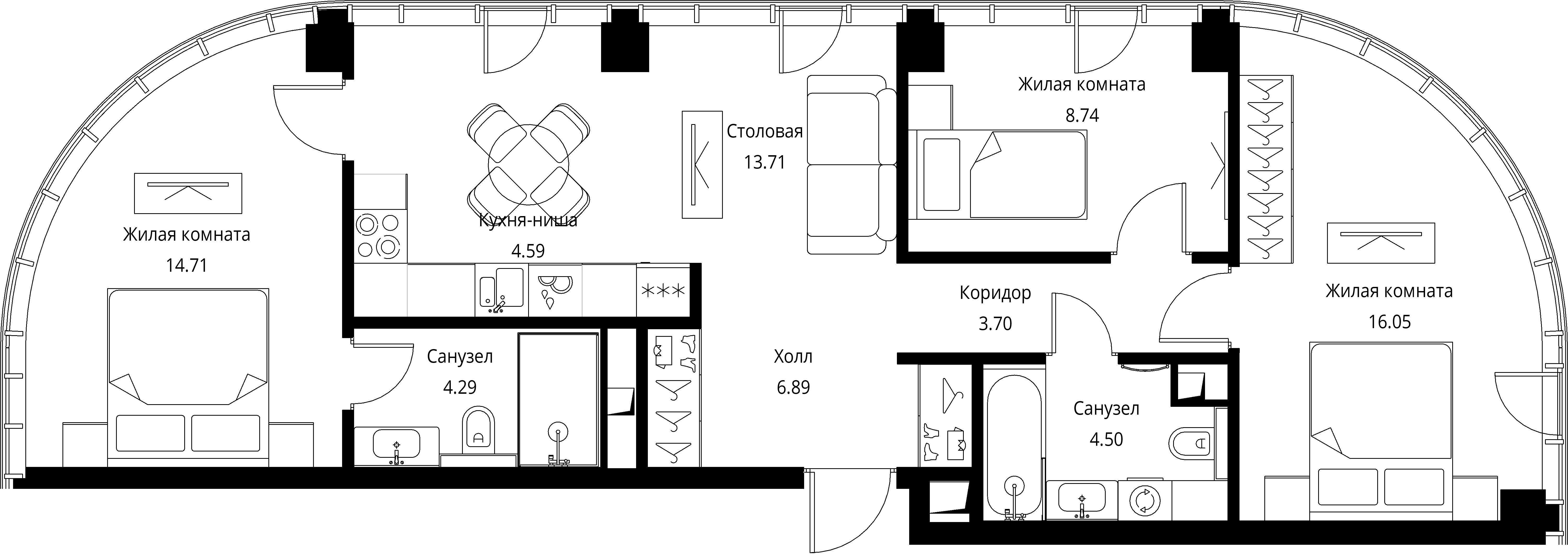 3 комн. квартира, 77.2 м², 14 этаж 