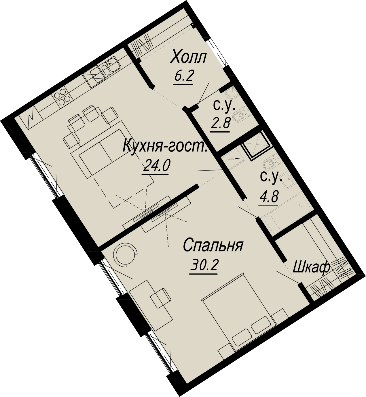 квартира со свободной планировкой, 68 м², 3 этаж 