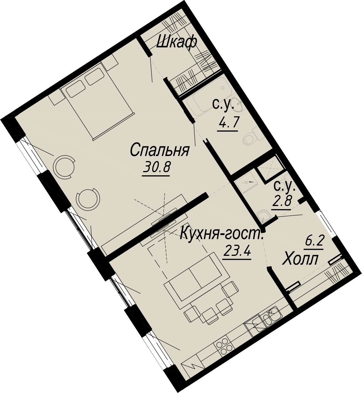 квартира со свободной планировкой, 67.8 м², 4 этаж 