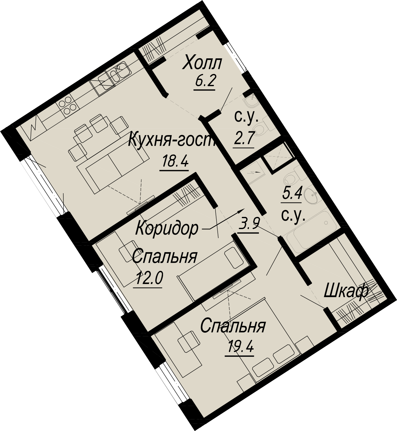 2 комн. квартира, 68.8 м², 4 этаж 