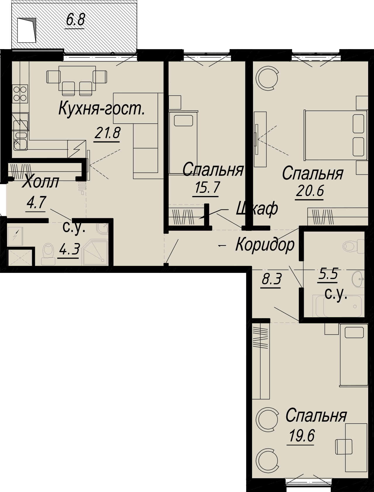 3 комн. квартира, 107.6 м², 4 этаж 