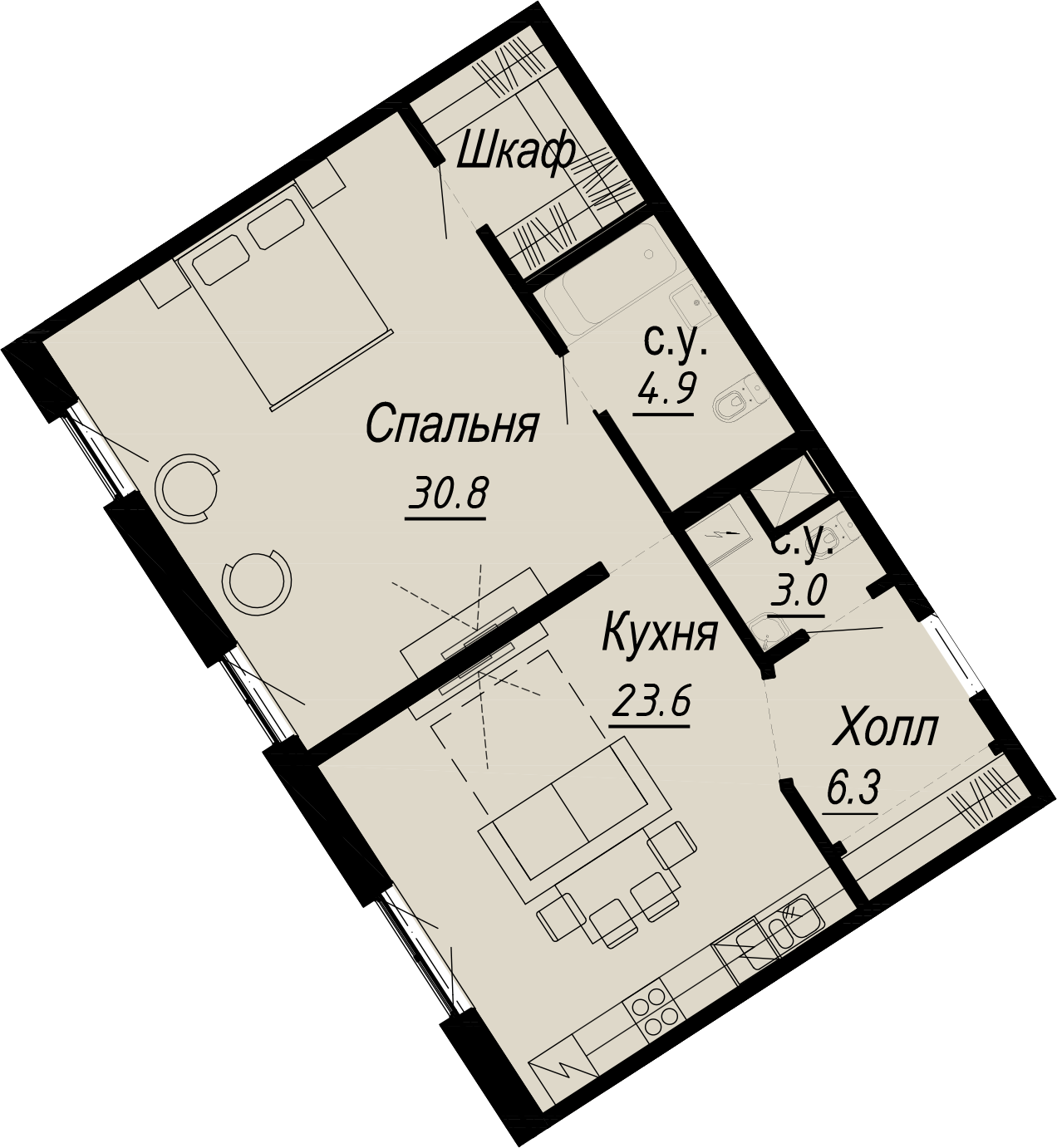 квартира со свободной планировкой, 68.6 м², 5 этаж 