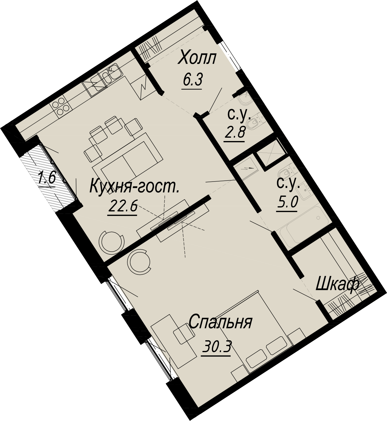 квартира со свободной планировкой, 67 м², 5 этаж 
