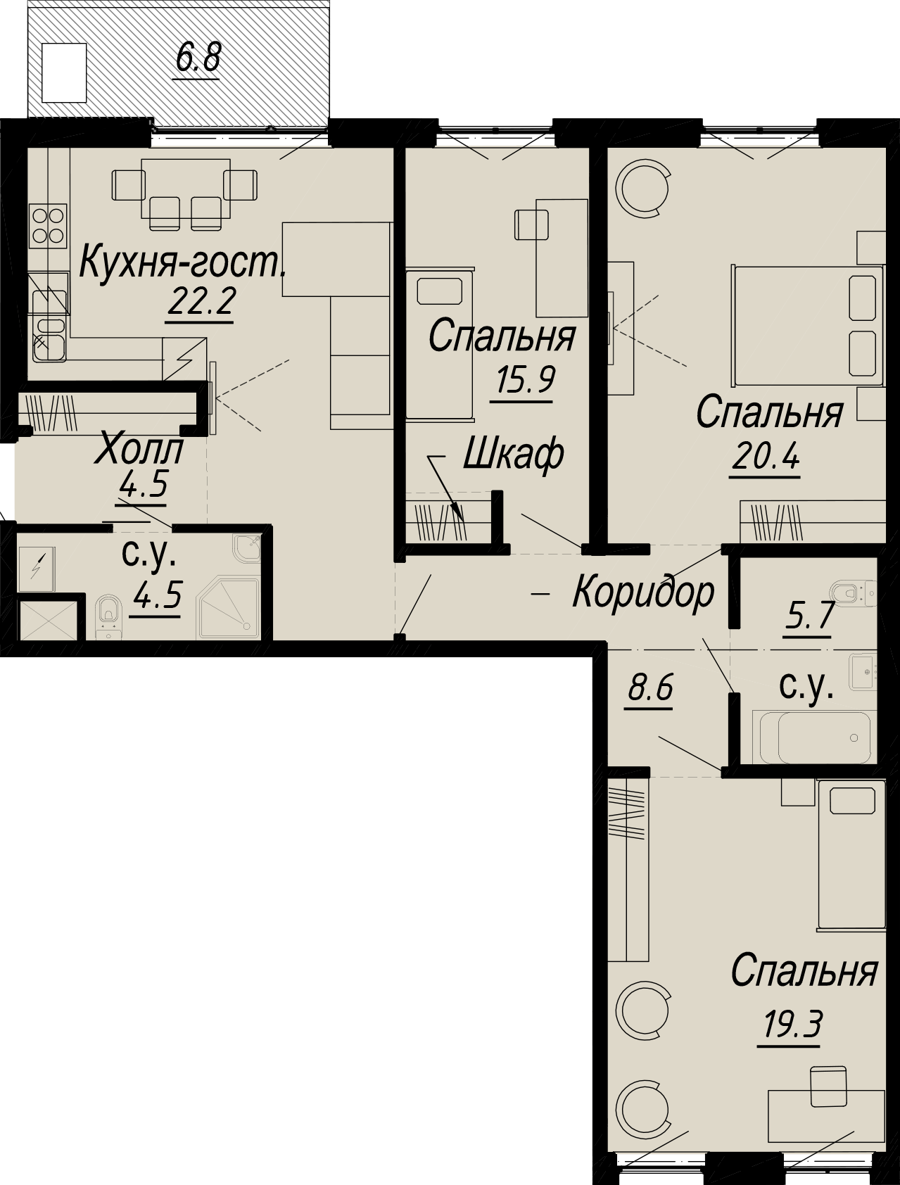 3 комн. квартира, 106.1 м², 5 этаж 