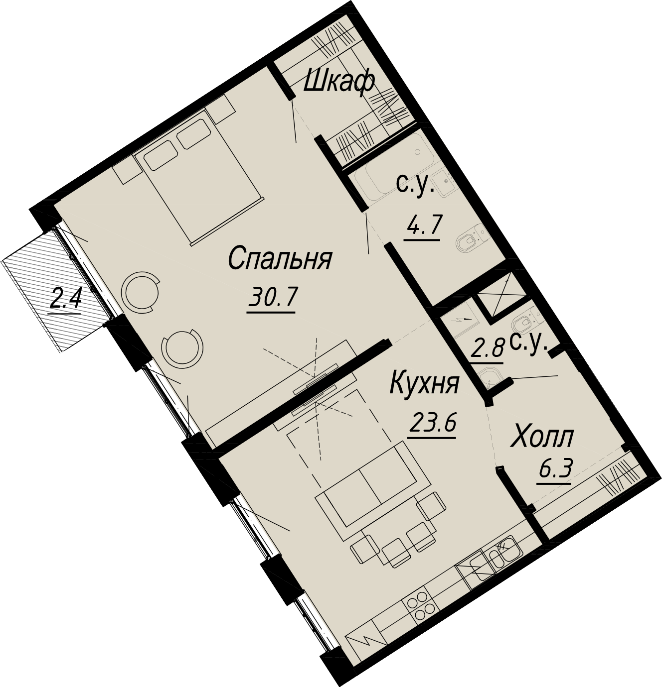 квартира со свободной планировкой, 69.3 м², 6 этаж 