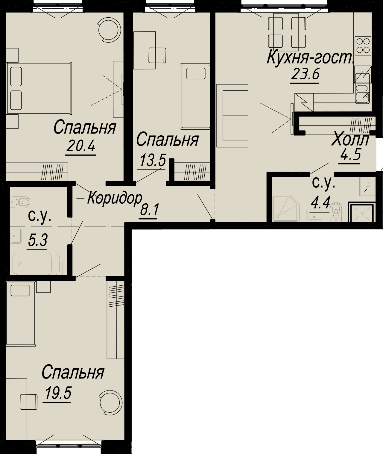 3 комн. квартира, 99.3 м², 3 этаж 