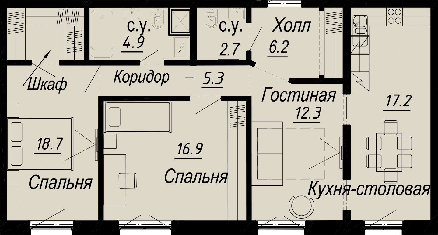 3 комн. квартира, 84.1 м², 3 этаж 
