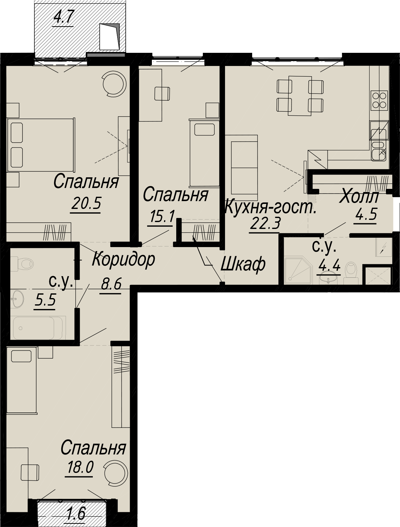 3 комн. квартира, 99.8 м², 4 этаж 