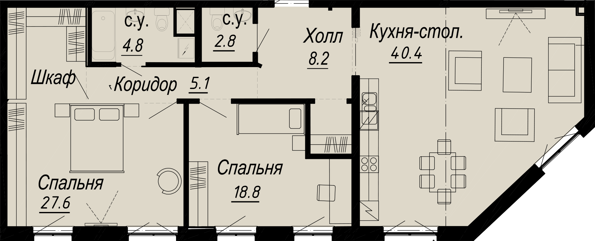 2 комн. квартира, 109.8 м², 4 этаж 