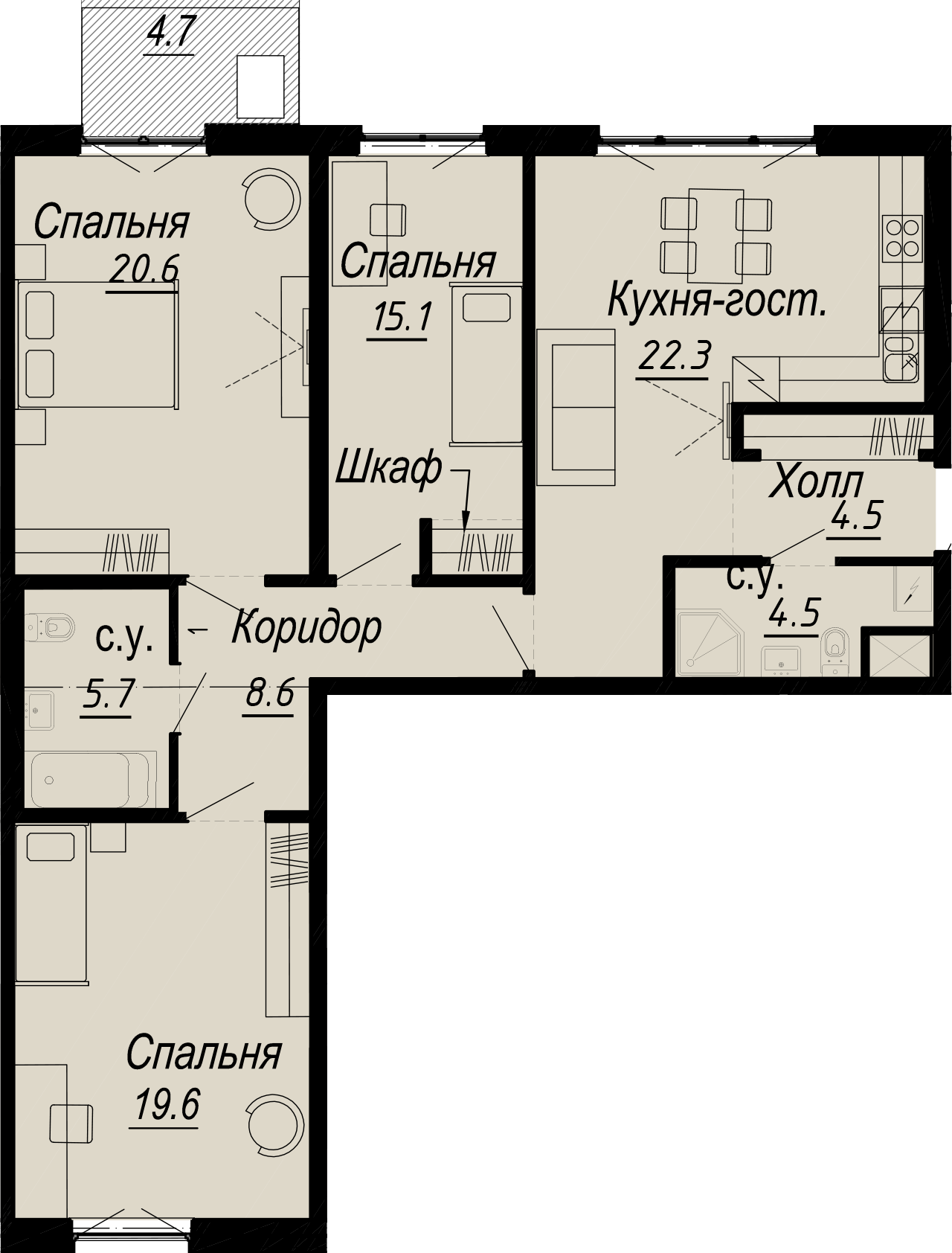 3 комн. квартира, 105.1 м², 5 этаж 