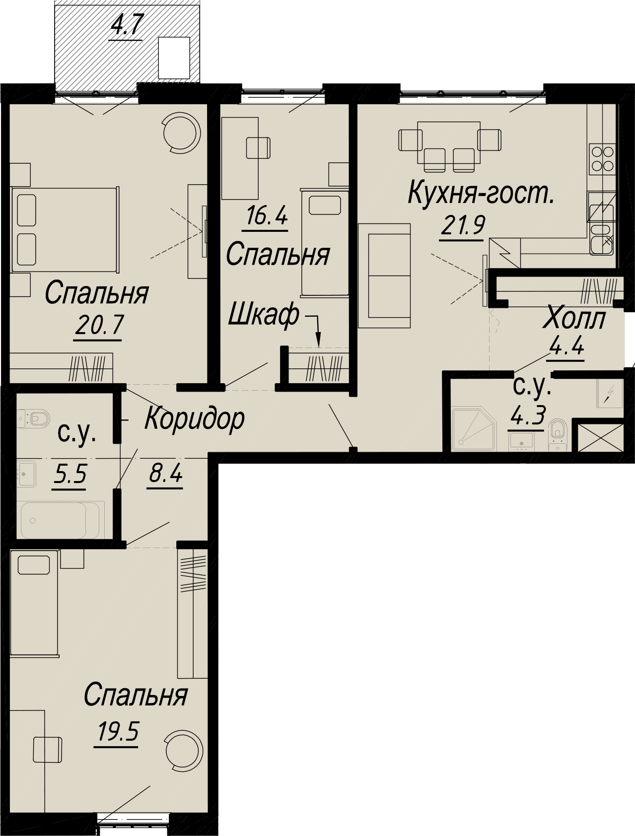 3 комн. квартира, 105 м², 6 этаж 