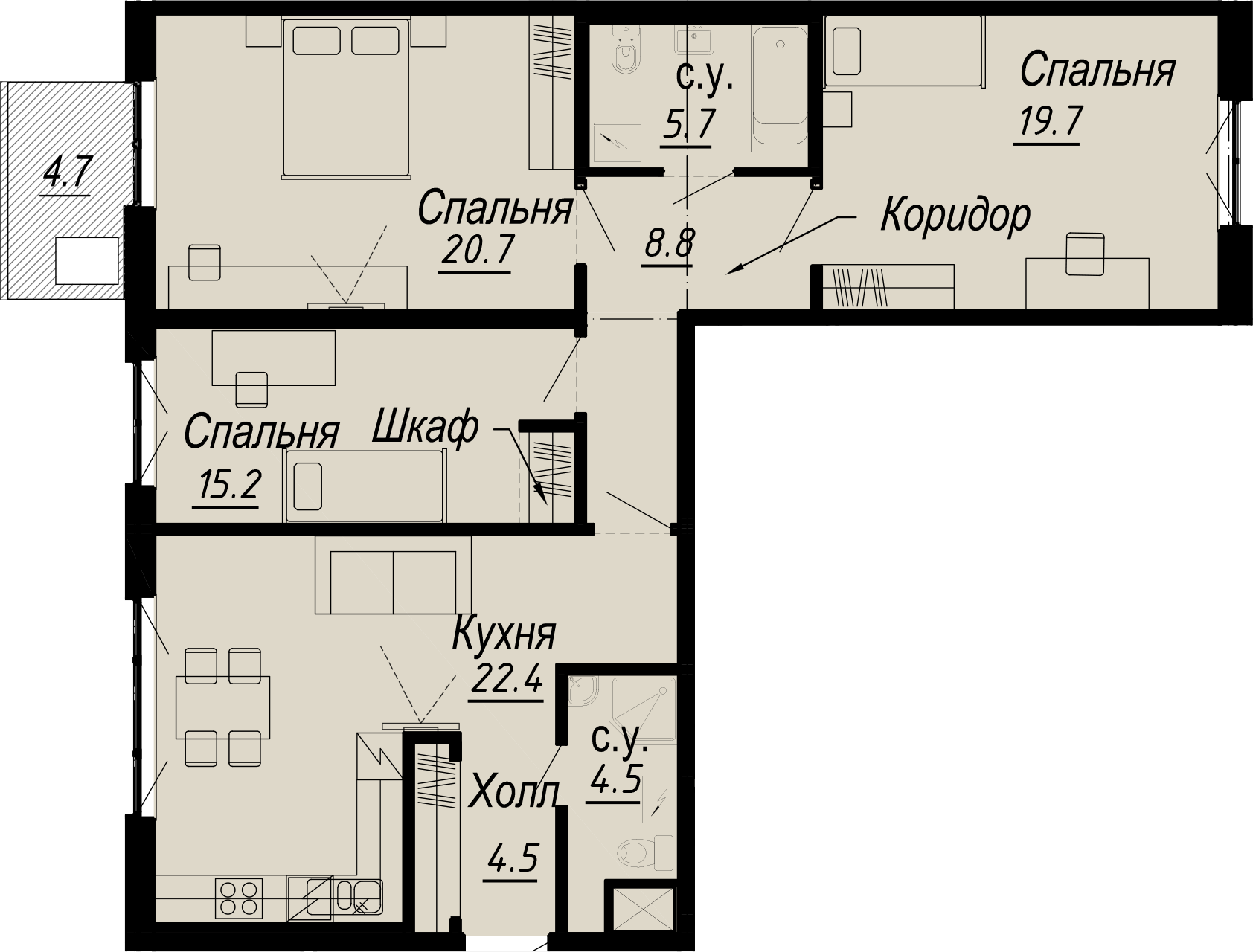 3 комн. квартира, 105.7 м², 5 этаж 