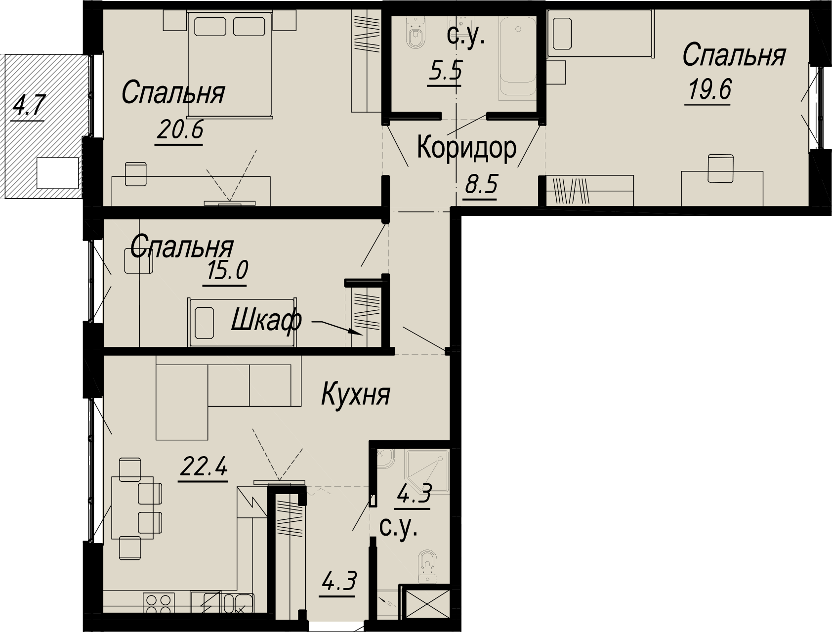 3 комн. квартира, 104.1 м², 6 этаж 