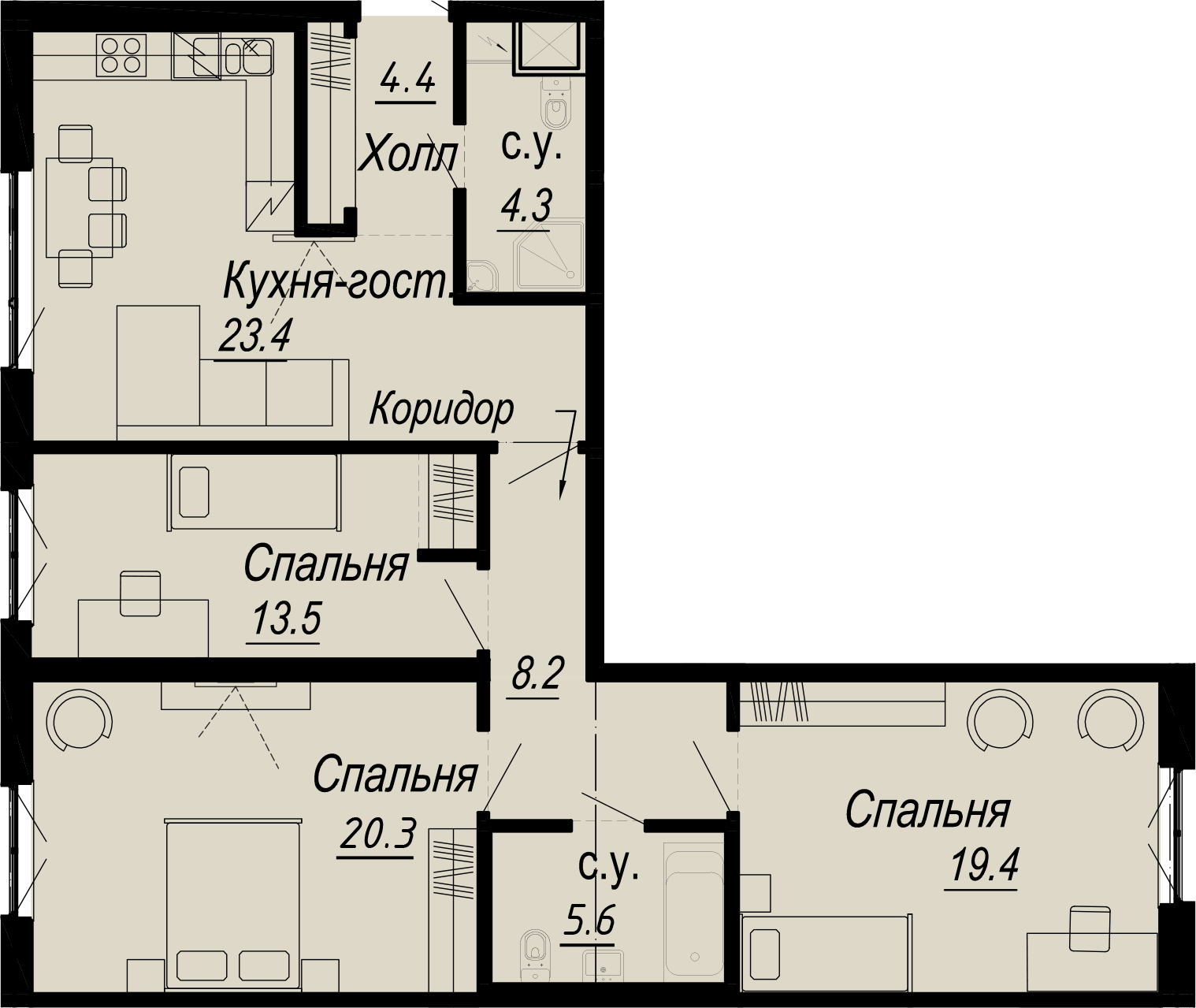 3 комн. квартира, 99.1 м², 3 этаж 