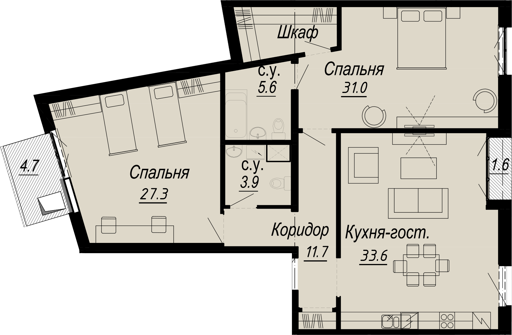 2 комн. квартира, 117.6 м², 4 этаж 